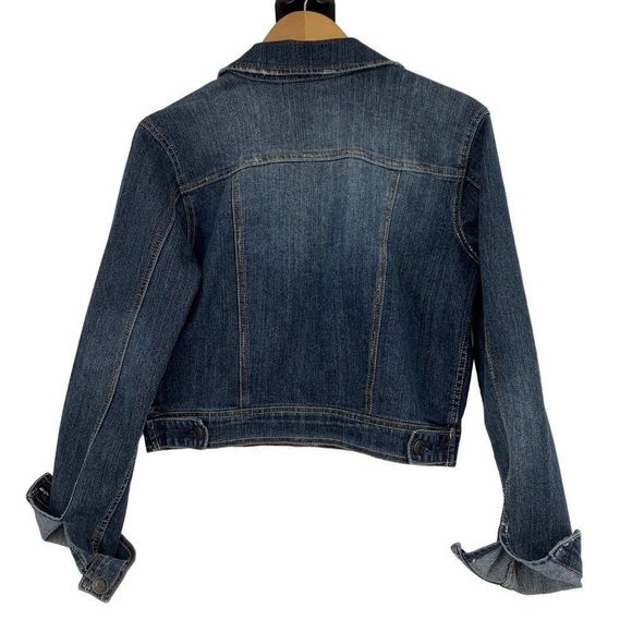 Womens Celebrity Pink Denim Jacket Size L Distress Crop Stretch 2350 EUC Dark - Picture 6 of 11